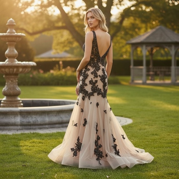 Nude and black gown mesh low cut front prom dress - Picture 2 of 15